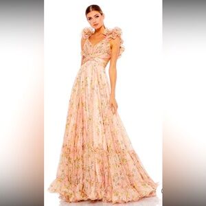 Mac Duggal size 2, pink floral, ruffled tiered chiffon